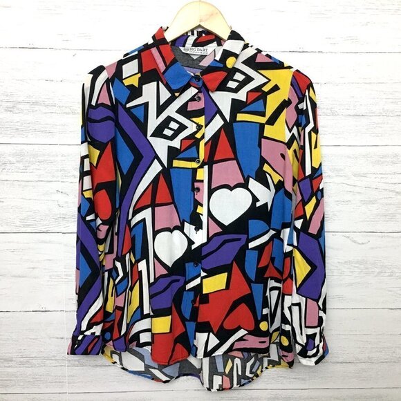 Women's Retro Pop Art Print Shirt Button Front Long Sleeves Colorful Abstract M - Picture 9 of 10